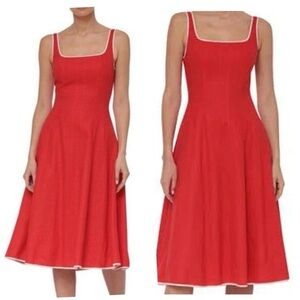 Avec Les Filles Red Linen Blend Swing Dress Panel Tipped Sleeveless Midi